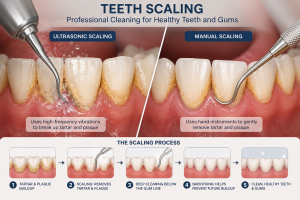 Teeth scaling using ultrasonic and manual dental instruments
